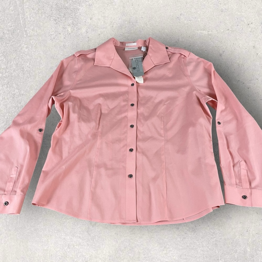 Size 2 Chicos No Iron Button Up Pink Blouse Long Sleeves - Picture 7 of 9
